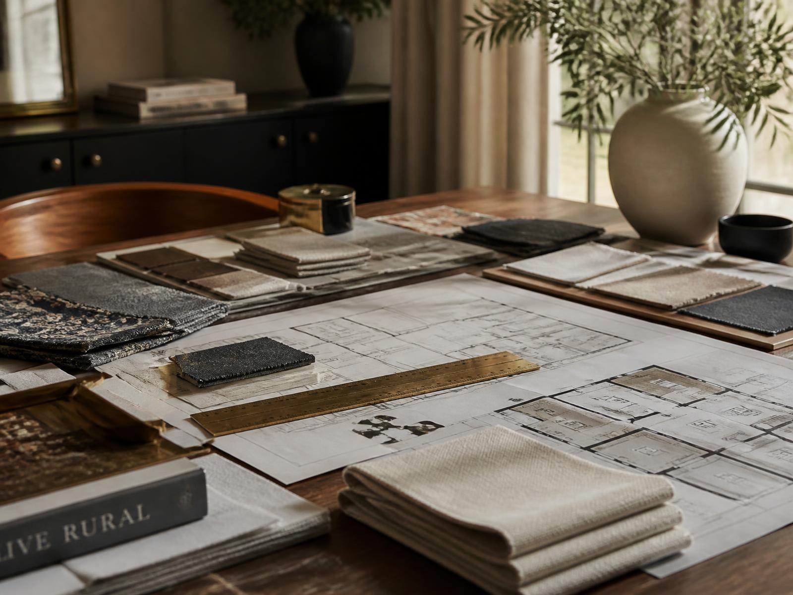 Design consultation table with floor plans and fabric swatches