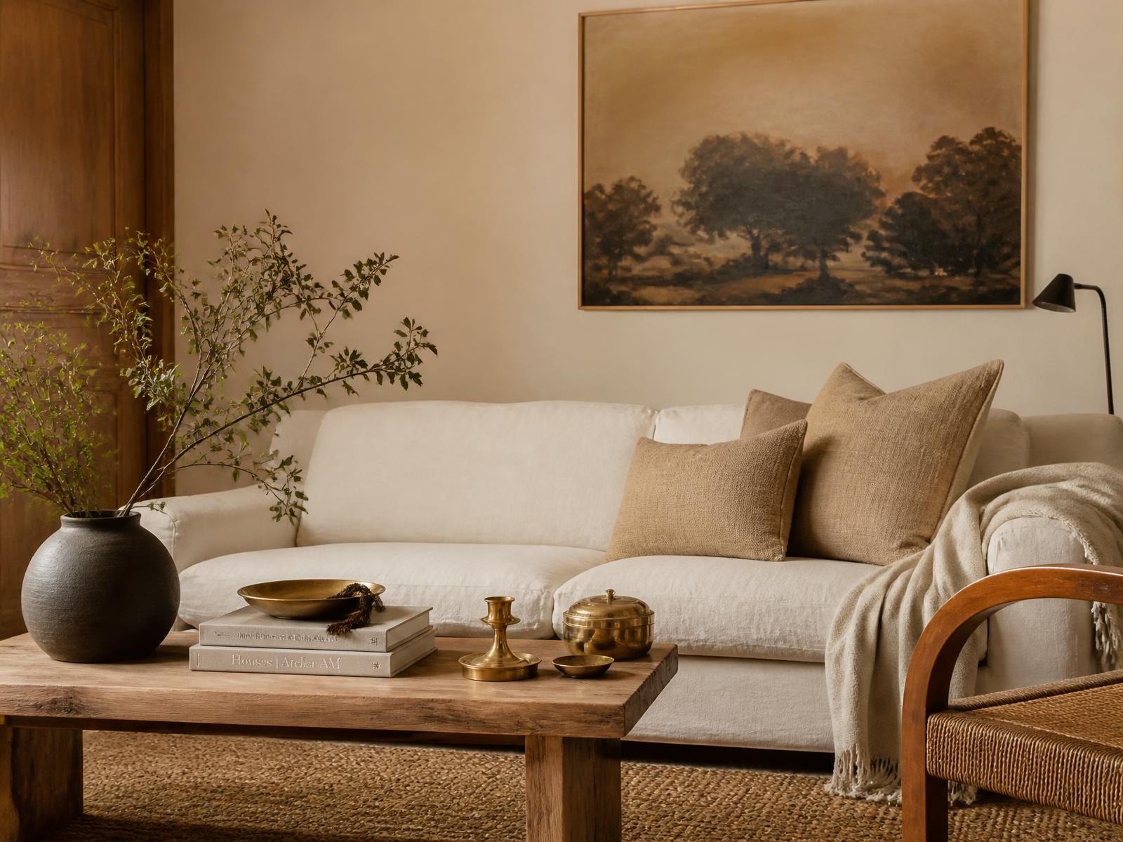 Living room styled with linen cushions, ceramics and brass accessories