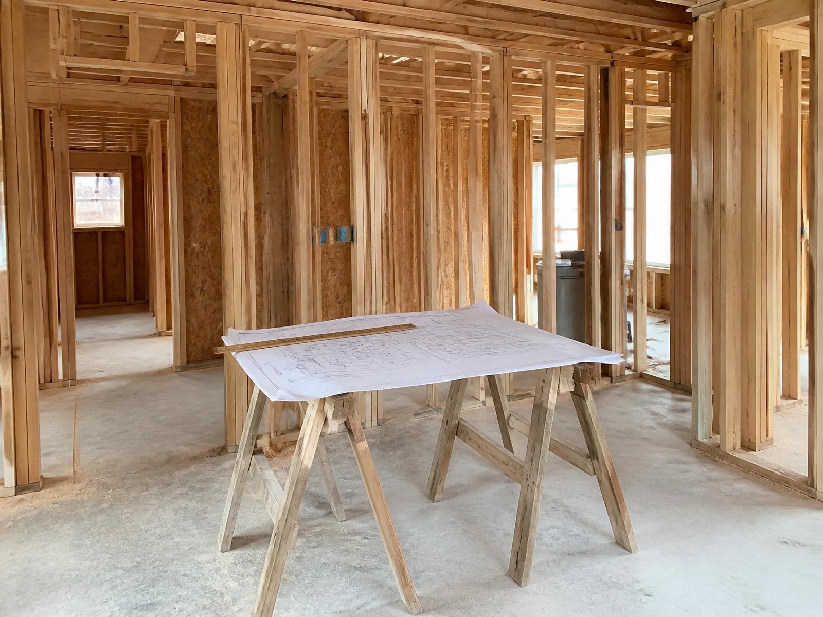 Home remodel in progress with framed walls and architectural drawings