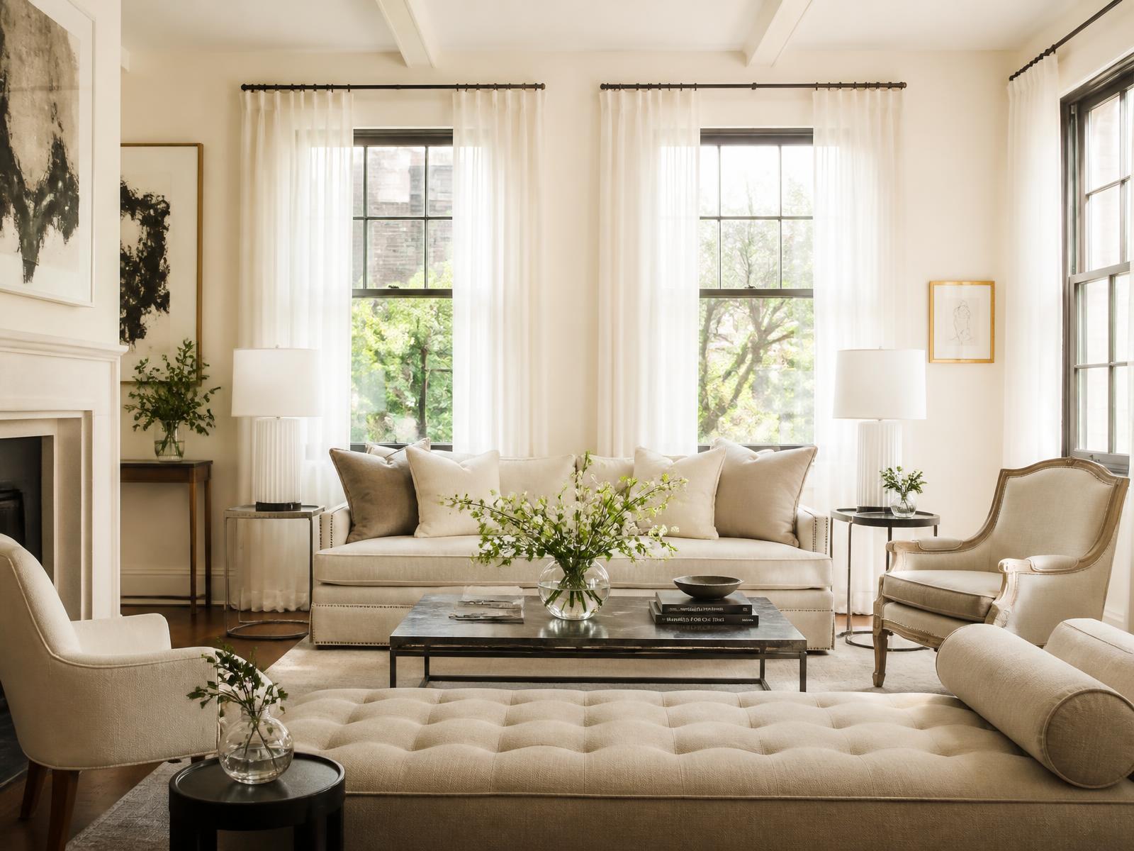 Bright staged living room with fresh flowers and airy curtains